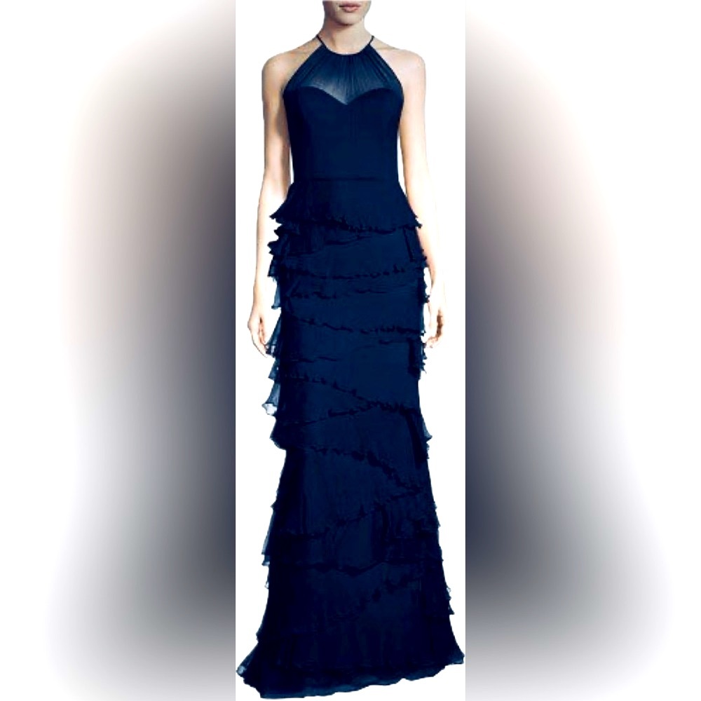 Badgley Mischka Navy Blue Formal Ruffled Gown Size 10 NWOT